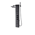 Primary architectural profile of the Obsidian IV 4-Function Matte Black Shower Tower, featuring the low-profile geometric rainfall canopy and high-contrast quad massage nozzles.