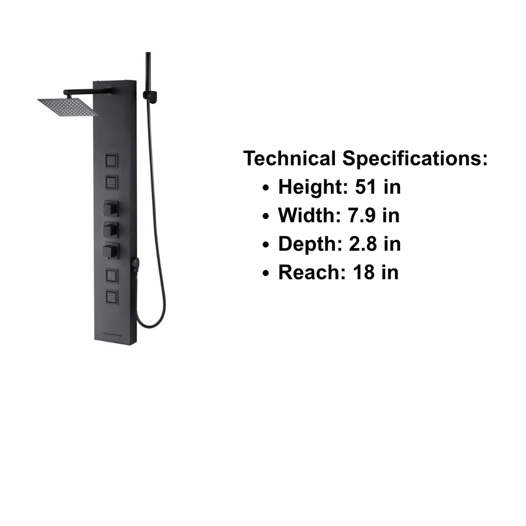 Primary architectural profile of the Obsidian IV 4-Function Tower in Matte Black, featuring high-contrast quad massage nozzles and a geometric rainfall canopy.