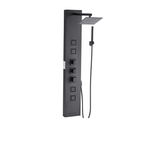 Front-facing architectural profile of the Obsidian IV 4-Function Tower in Matte Black, featuring the low-profile geometric rainfall canopy and high-contrast quad massage nozzle array.