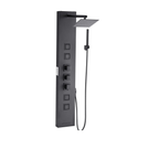 Front-facing architectural profile of the Obsidian IV 4-Function Tower in Matte Black, featuring the low-profile geometric rainfall canopy and high-contrast quad massage nozzle array.