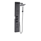  Front-facing architectural profile of the Obsidian IV 4-Function Tower in Matte Black, featuring the low-profile geometric rainfall canopy and high-contrast quad massage nozzle array.