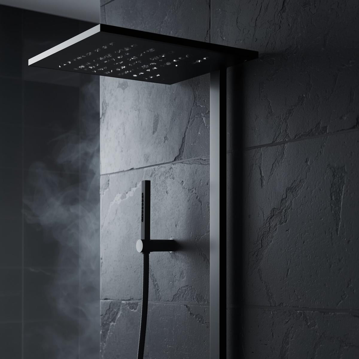 The Obsidian IV Stealth Infrastructure: A matte black architectural shower tower featuring integrated rainfall and massage jets in a luxury steam sanctuary environment.